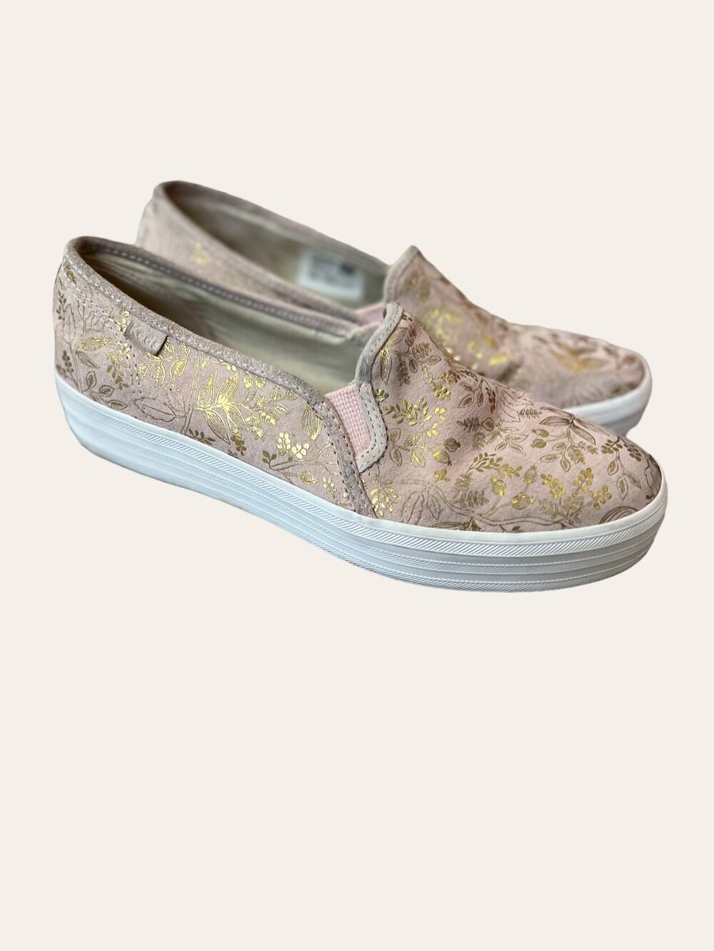 KEDS Rifle Paper Co Pink Gold Floral Jacquard Slip On Platform Sneakers Size 9.5